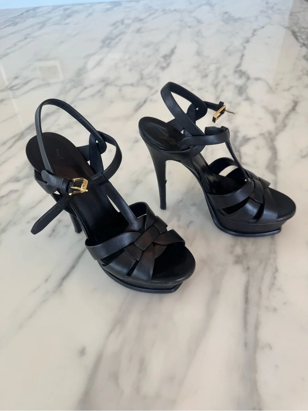 Saint Laurent Black Leather Woven T-Strap Heels with Gold Buckle - Picture 4 of 10